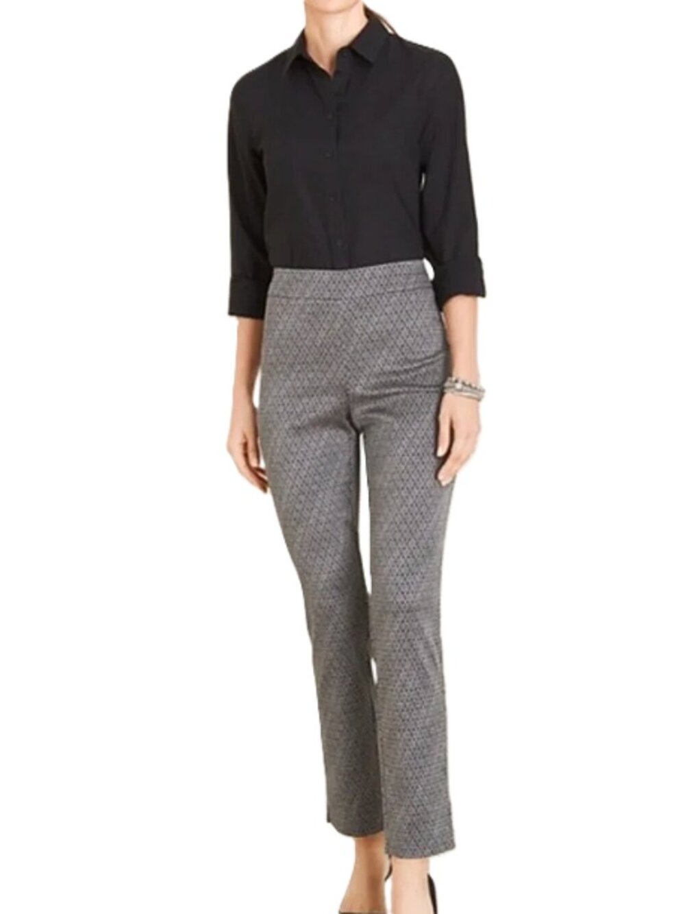 Chico's Black Silver Jacquard Diamond Print Brigitte Pants size 1